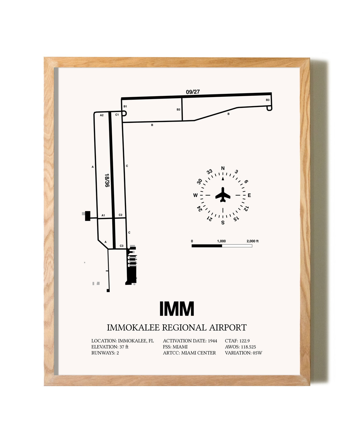Immokalee Regional Airport framed print in natural wood frame