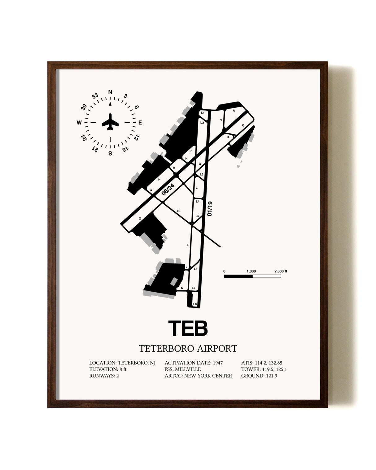 Teterboro Airport aviation print in walnut frame