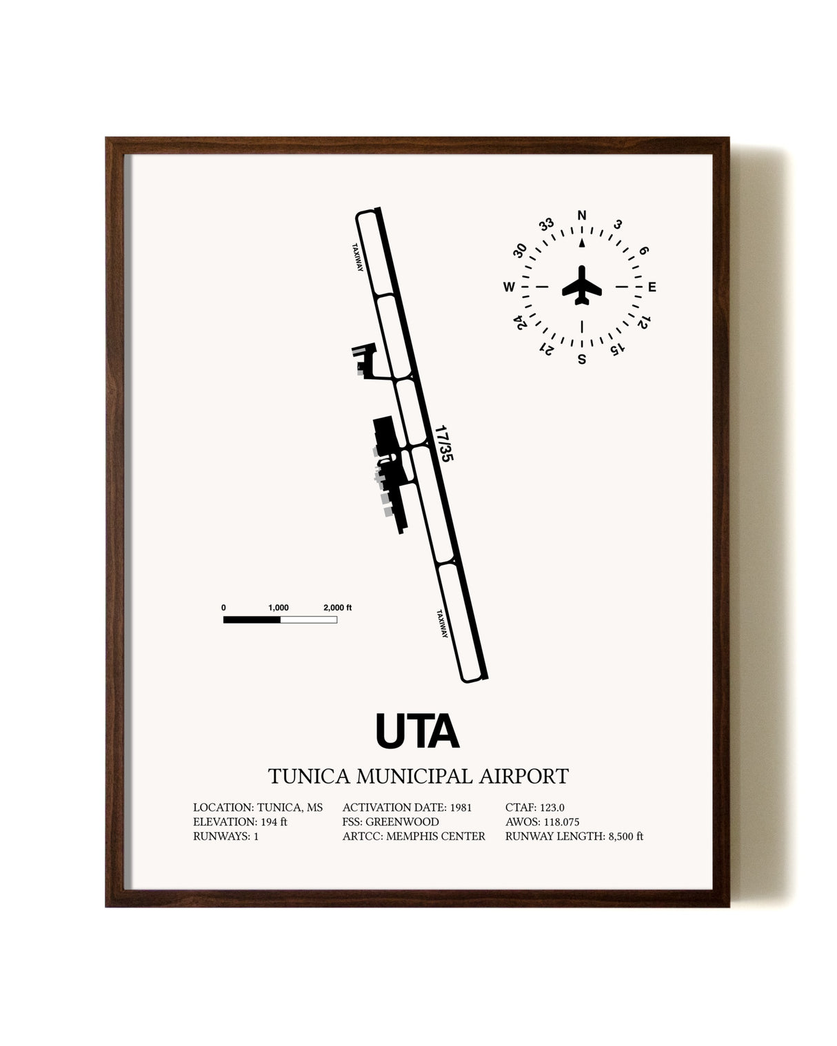 Tunica Municipal Airport aviation print in walnut frame