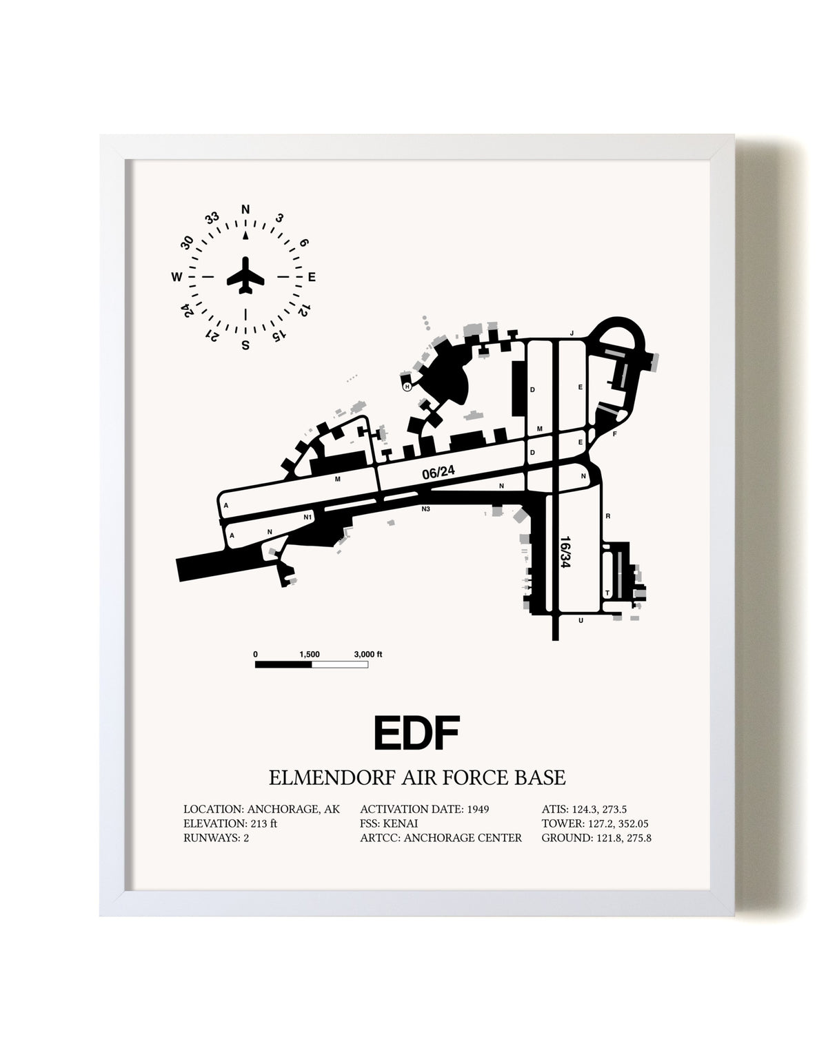 Elmendorf Air Force Base airport map poster in oak frame