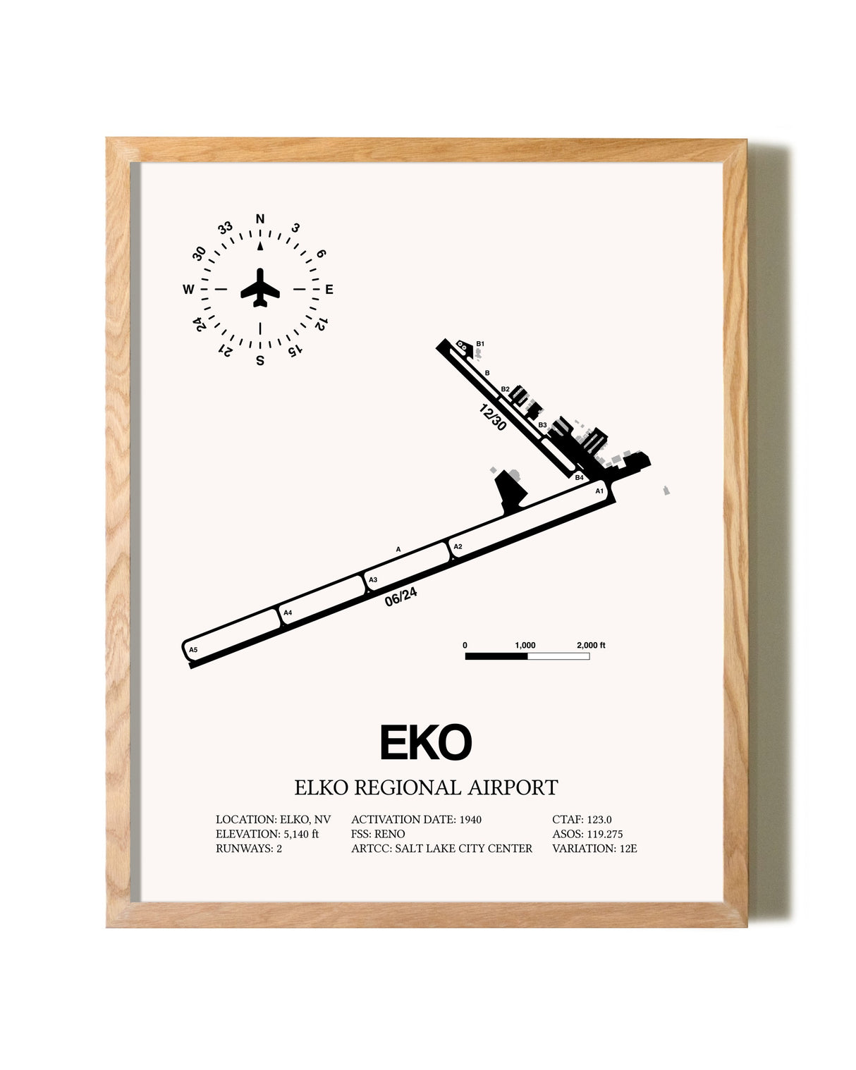 Elko Regional Airport framed print in natural wood frame