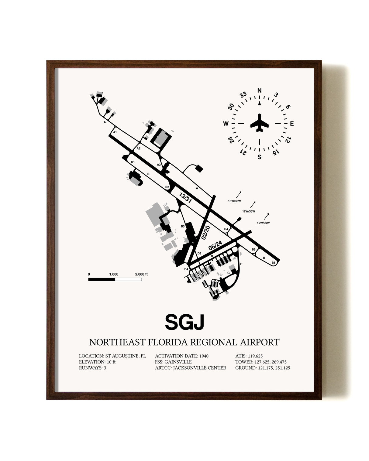 Northeast Florida Regional Airport aviation print in walnut frame
