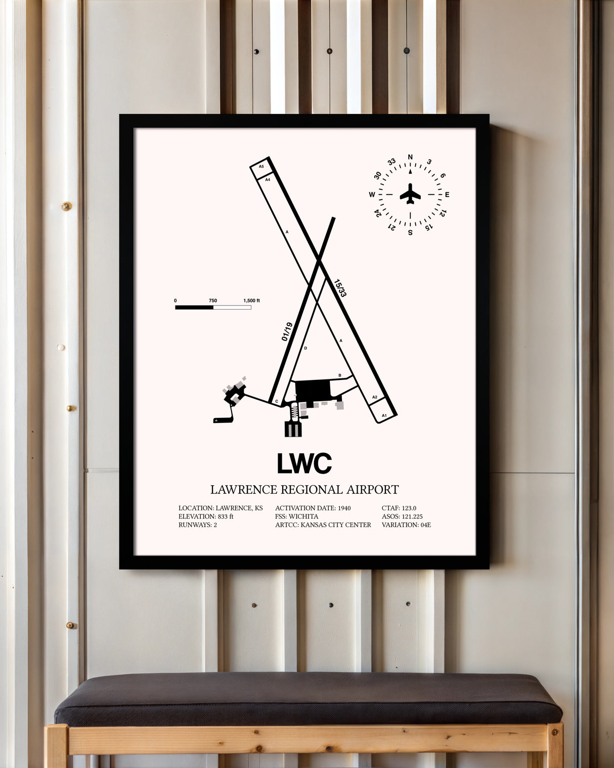 Lawrence Regional Airport framed poster displayed in an airplane hangar