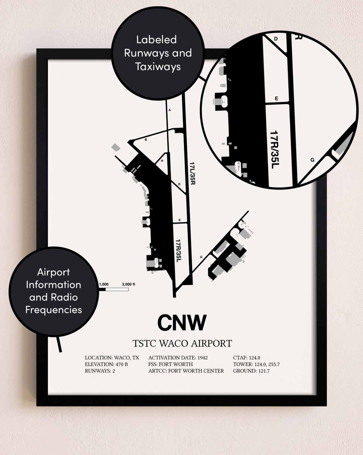 Framed TSTC Waco Airport layout wall art poster