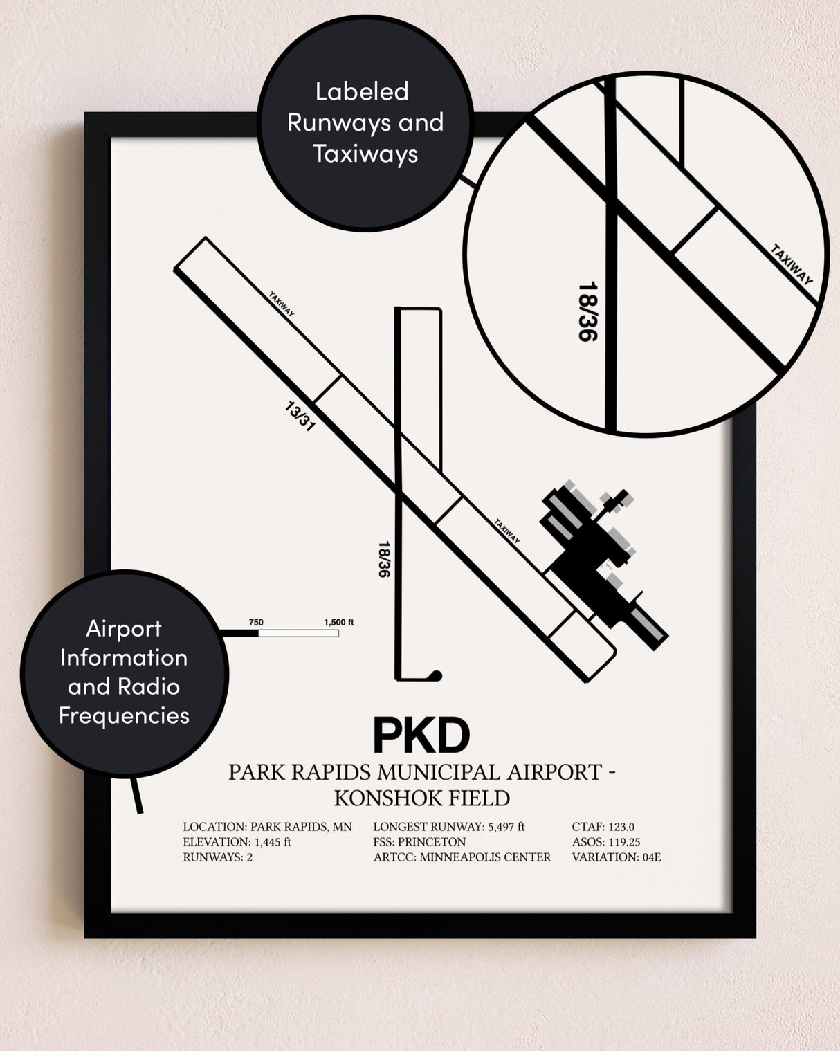 Framed Park Rapids Municipal Airport-Konshok Field layout wall art poster