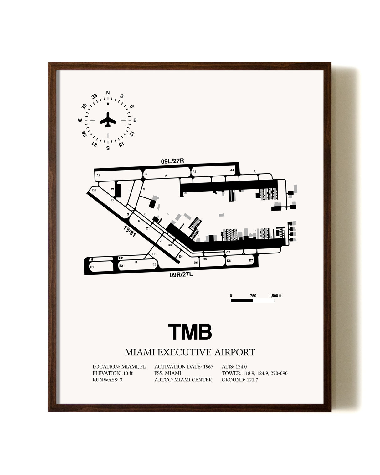 Miami Executive Airport aviation print in walnut frame
