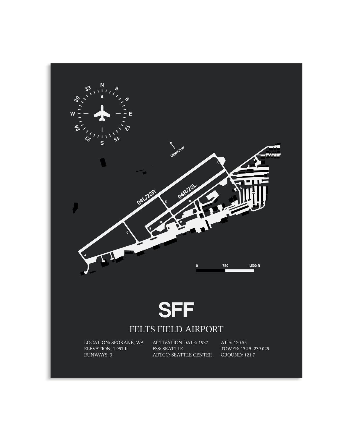 Gray Framed Felts Field Airport layout wall art poster