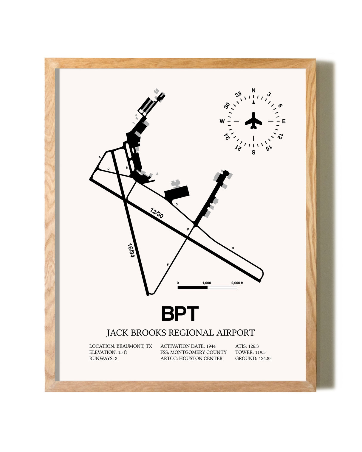 Jack Brooks Regional Airport framed print in natural wood frame