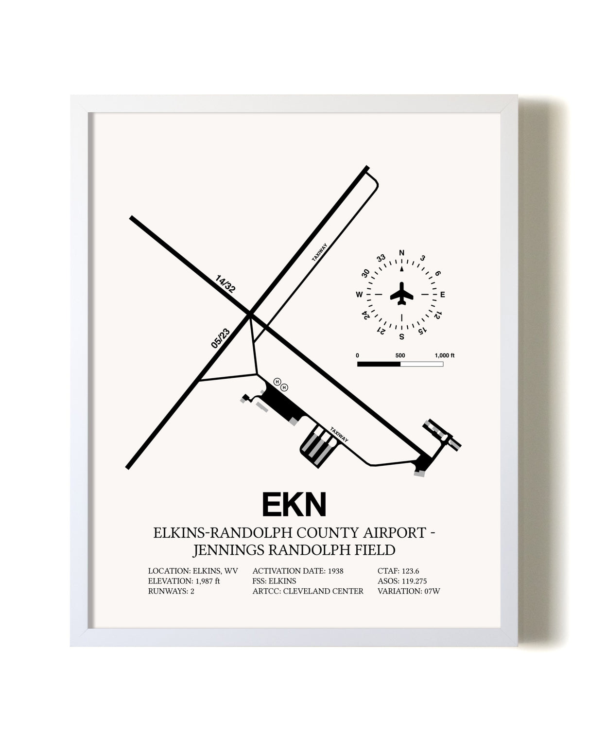 Elkins-Randolph County Airport-Jennings Randolph Field airport map poster in oak frame