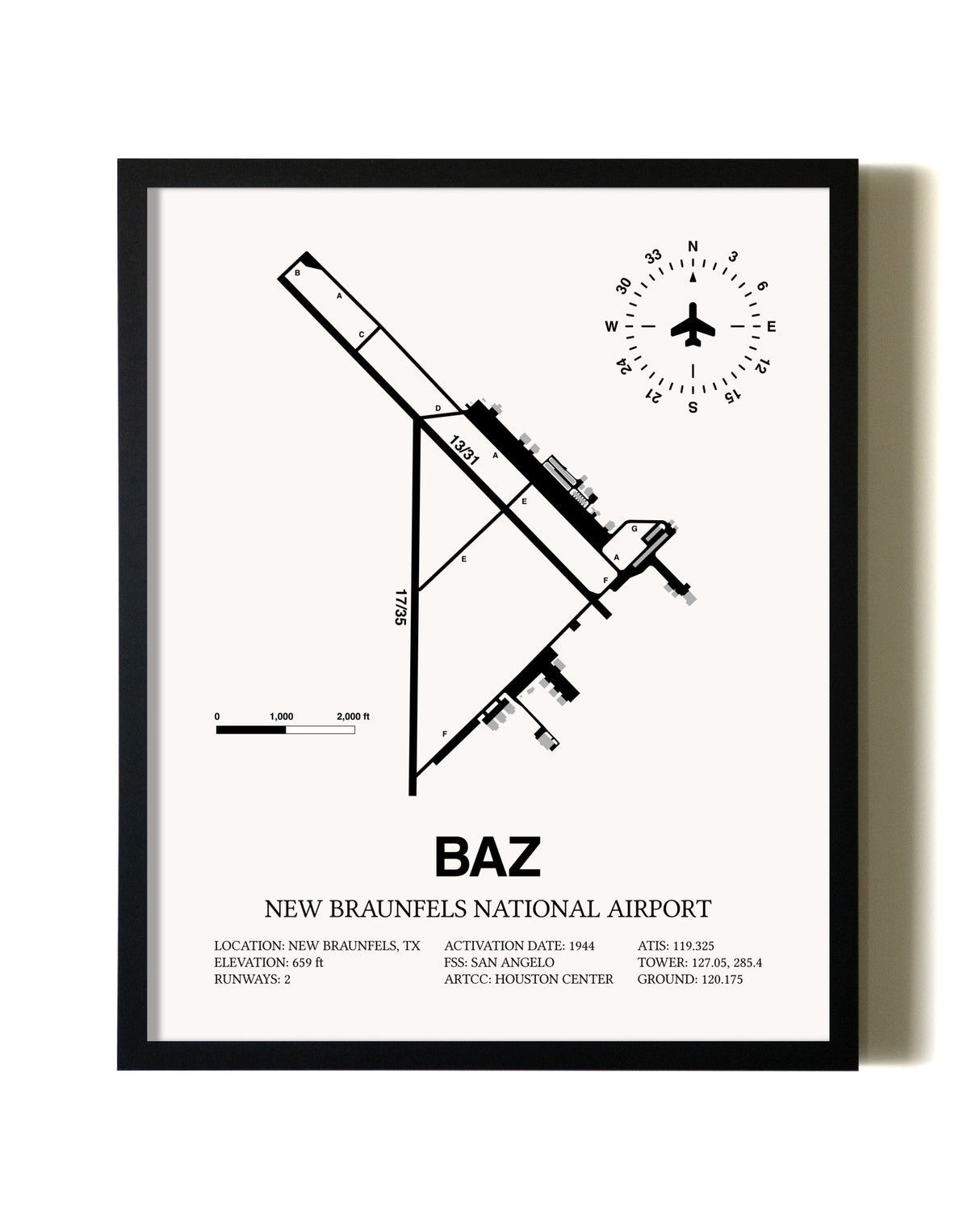Framed New Braunfels National Airport wall art poster in black frame