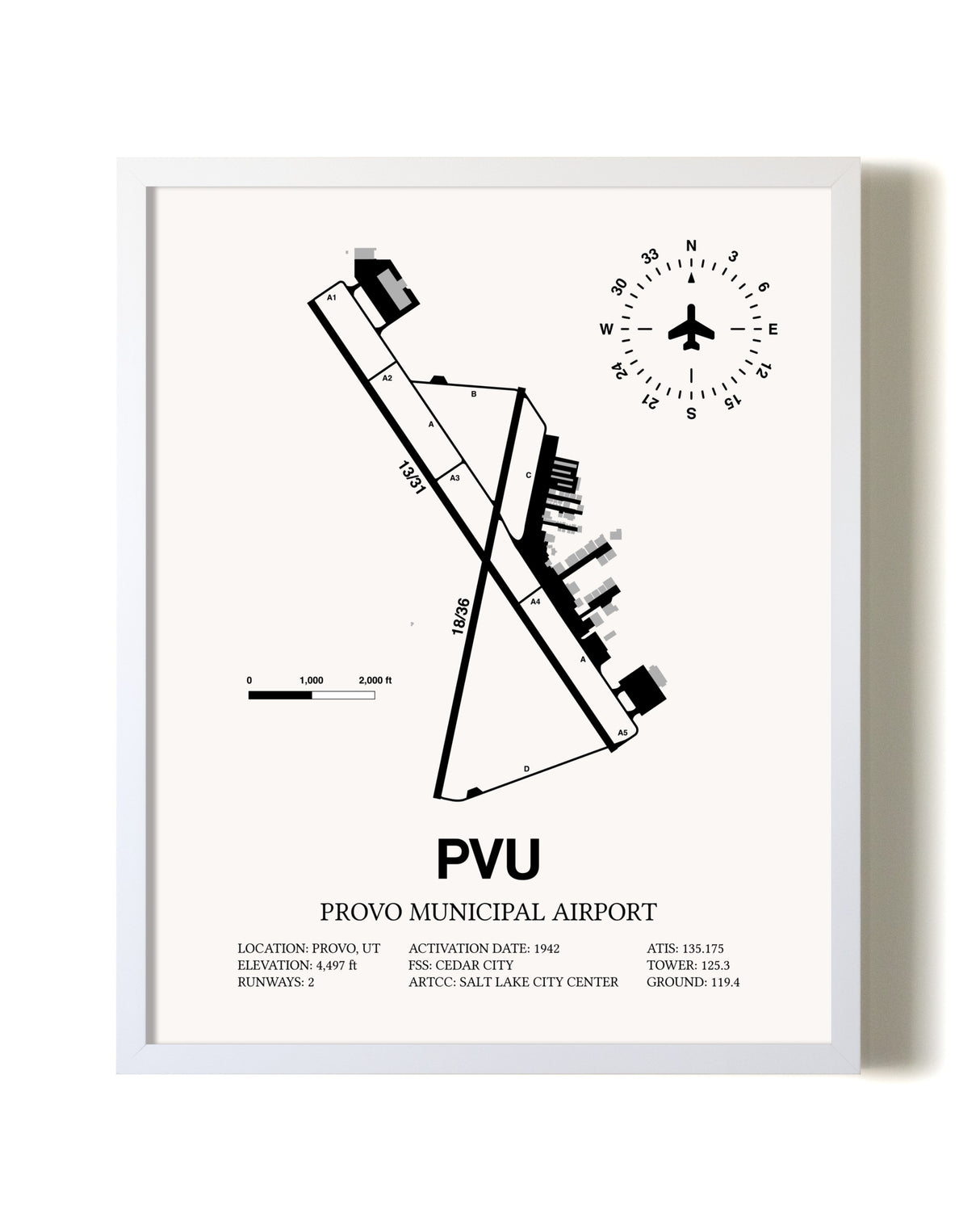 Provo Municipal Airport airport map poster in oak frame