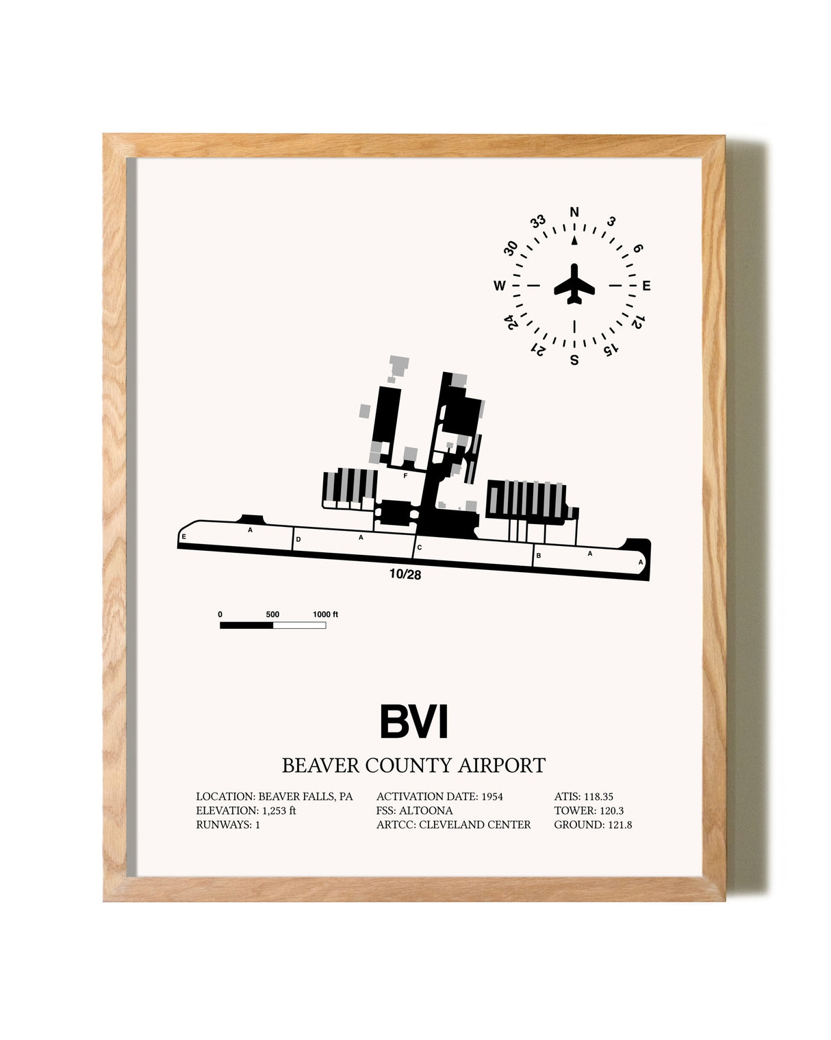 Beaver County Airport framed print in natural wood frame
