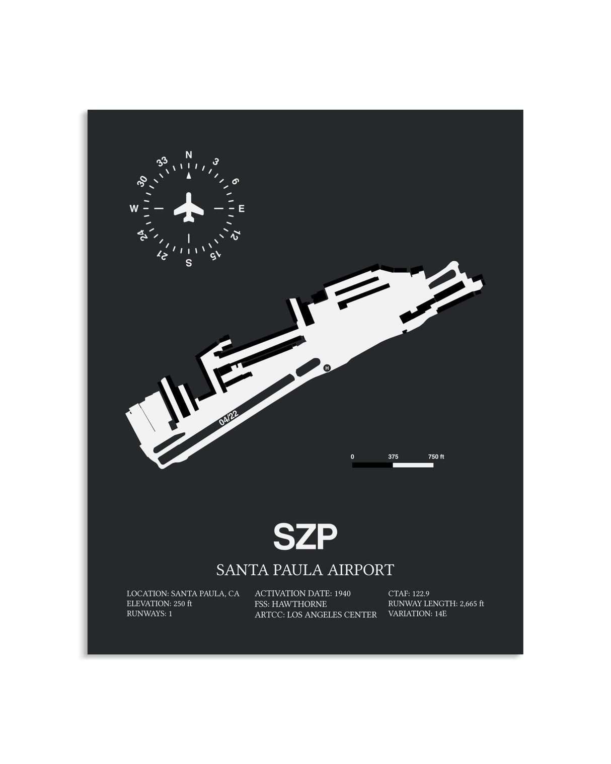 Gray Framed Santa Paula Airport layout wall art poster