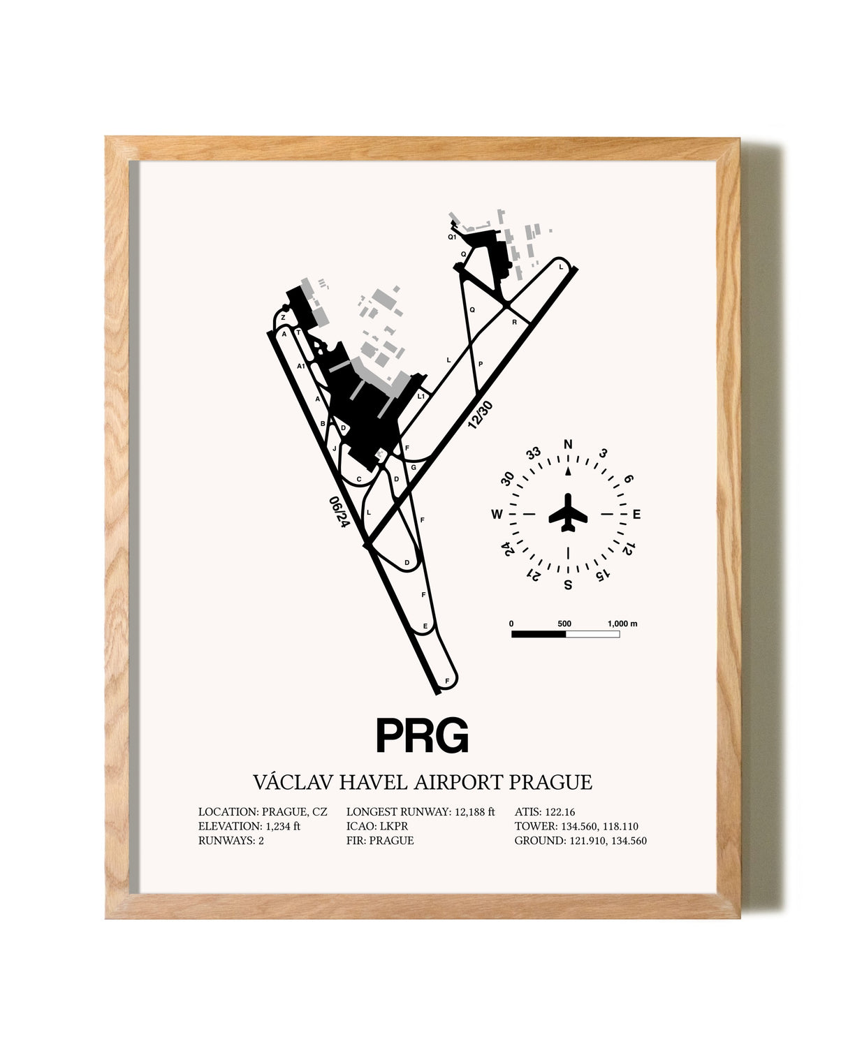 Vaclav Havel Airport Prague framed print in natural wood frame