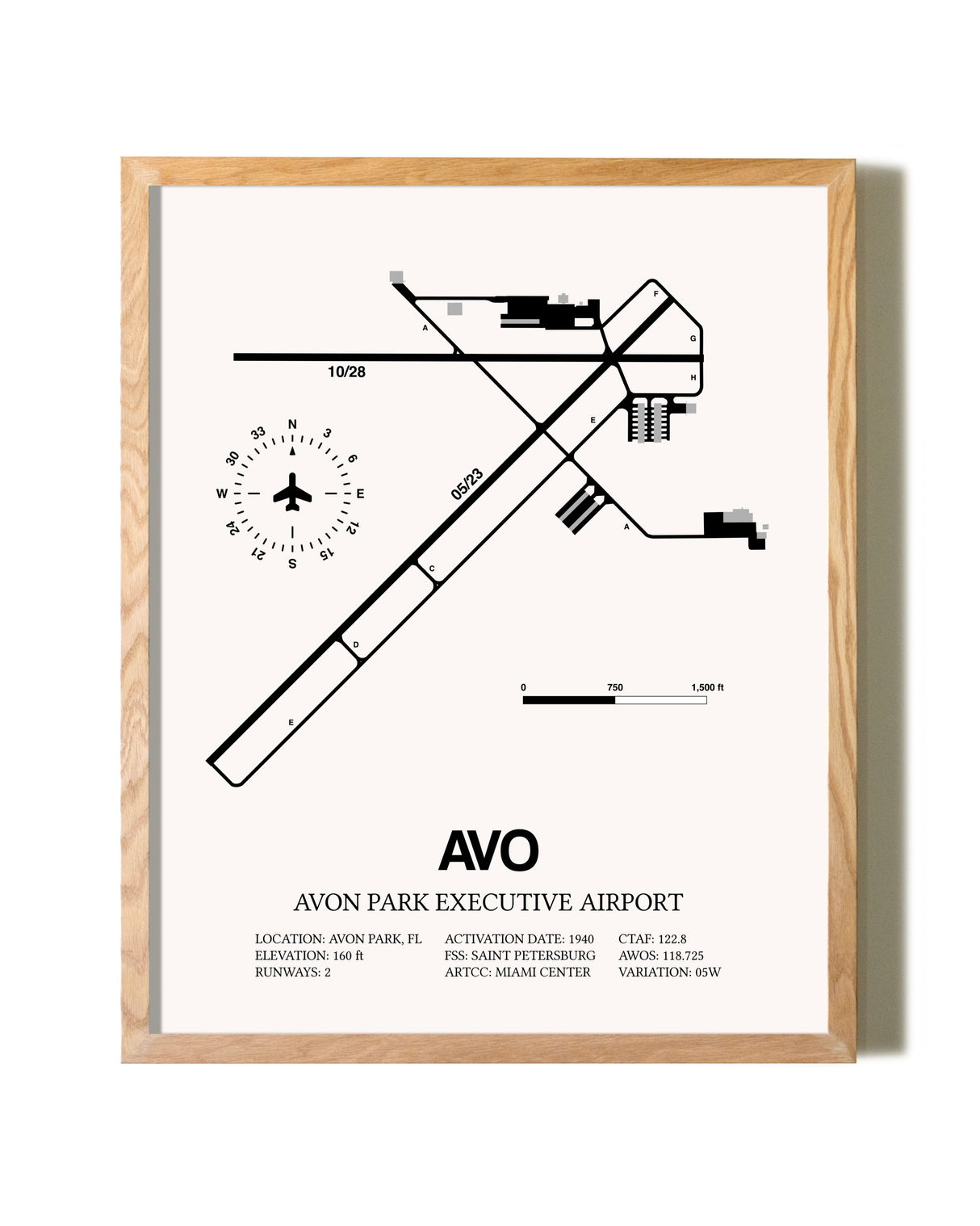 Avon Park Executive Airport framed print in natural wood frame