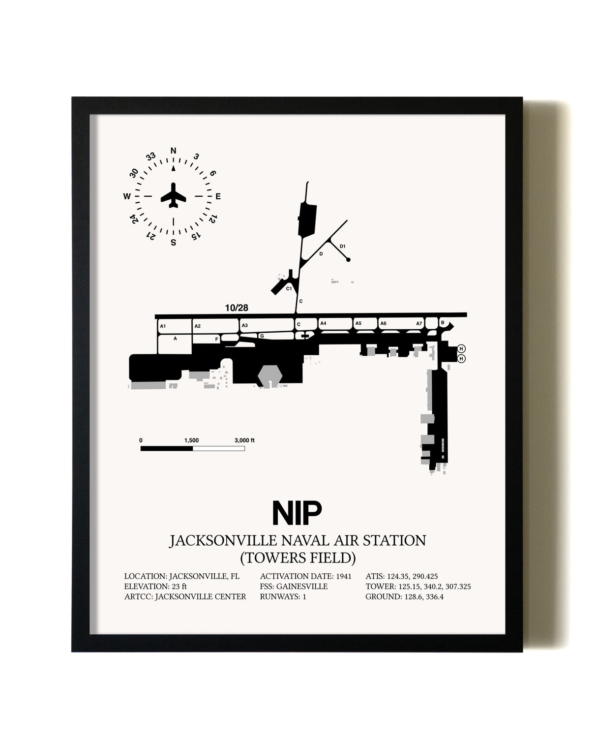 Framed Jacksonville Naval Air Station (Towers Field) wall art poster in black frame
