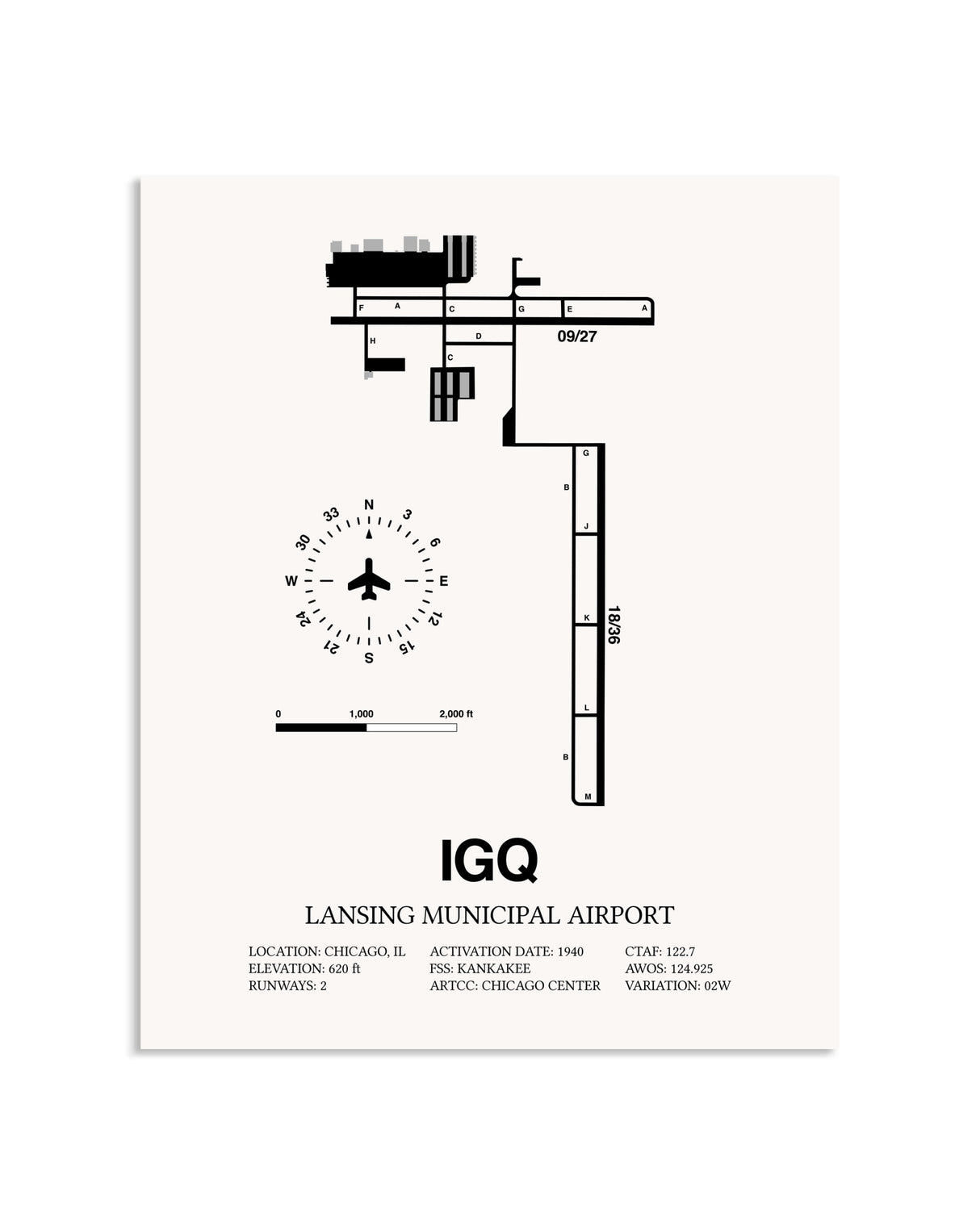 Gray Lansing Municipal Airport framed poster displayed in an airplane hangar