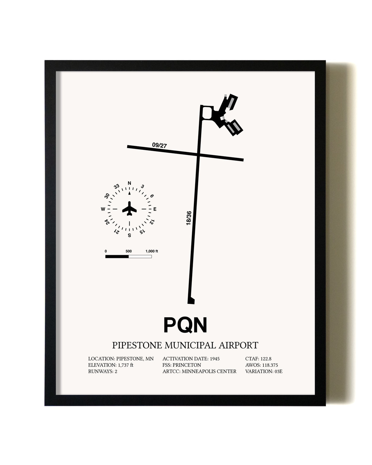 Framed Pipestone Municipal Airport wall art poster in black frame