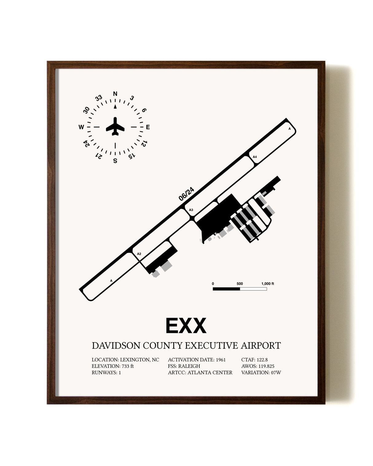 Davidson County Executive Airport aviation print in walnut frame