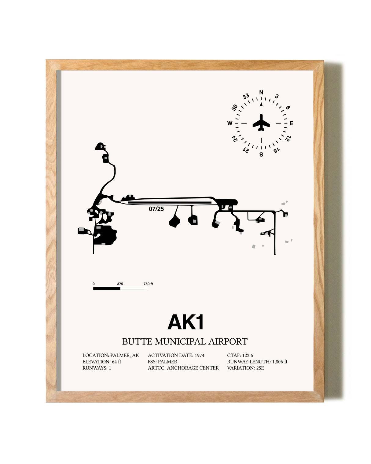 Butte Municipal Airport framed print in natural wood frame
