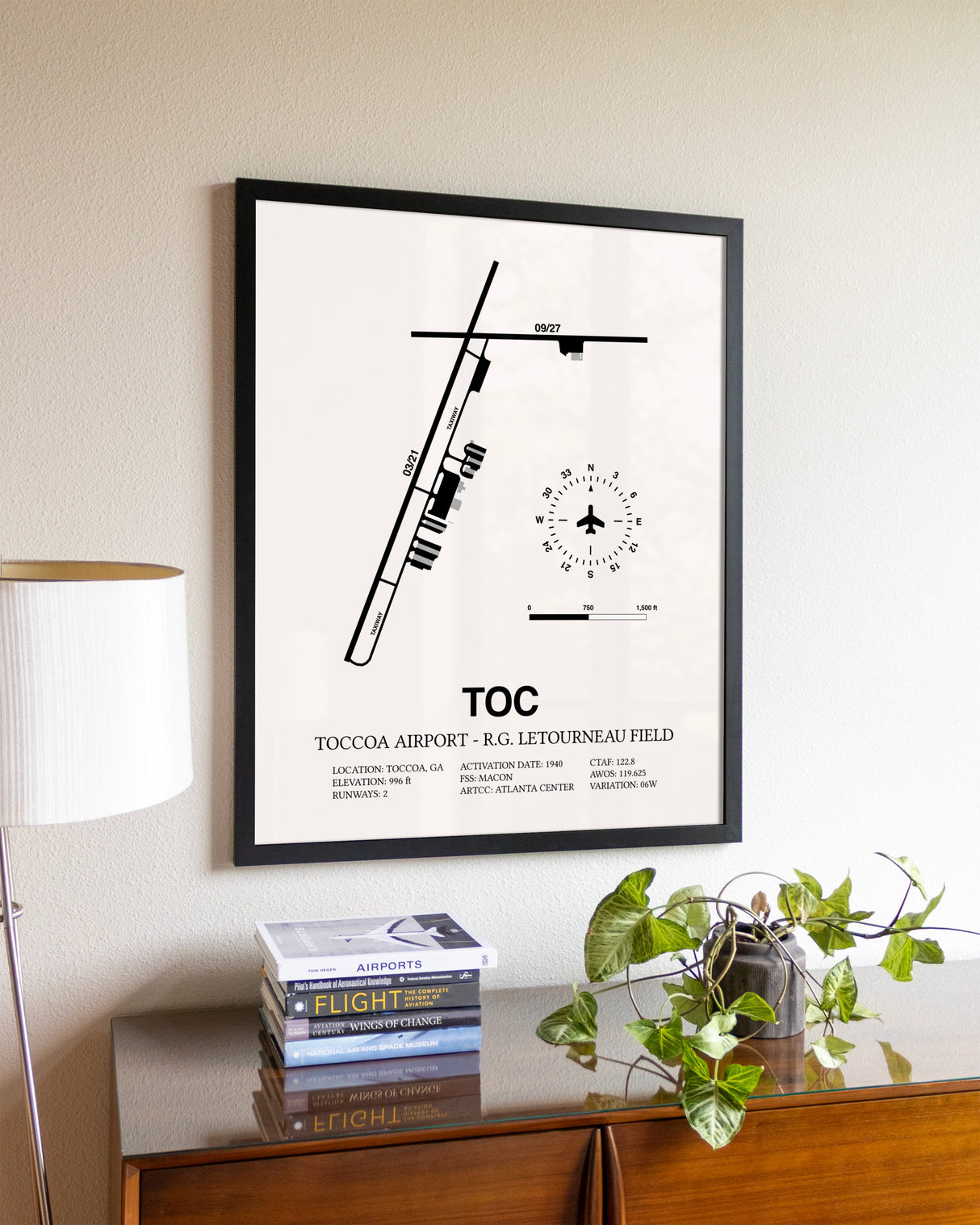 Toccoa Airport - R.G. Letourneau Field aviation wall décor in black wood frame