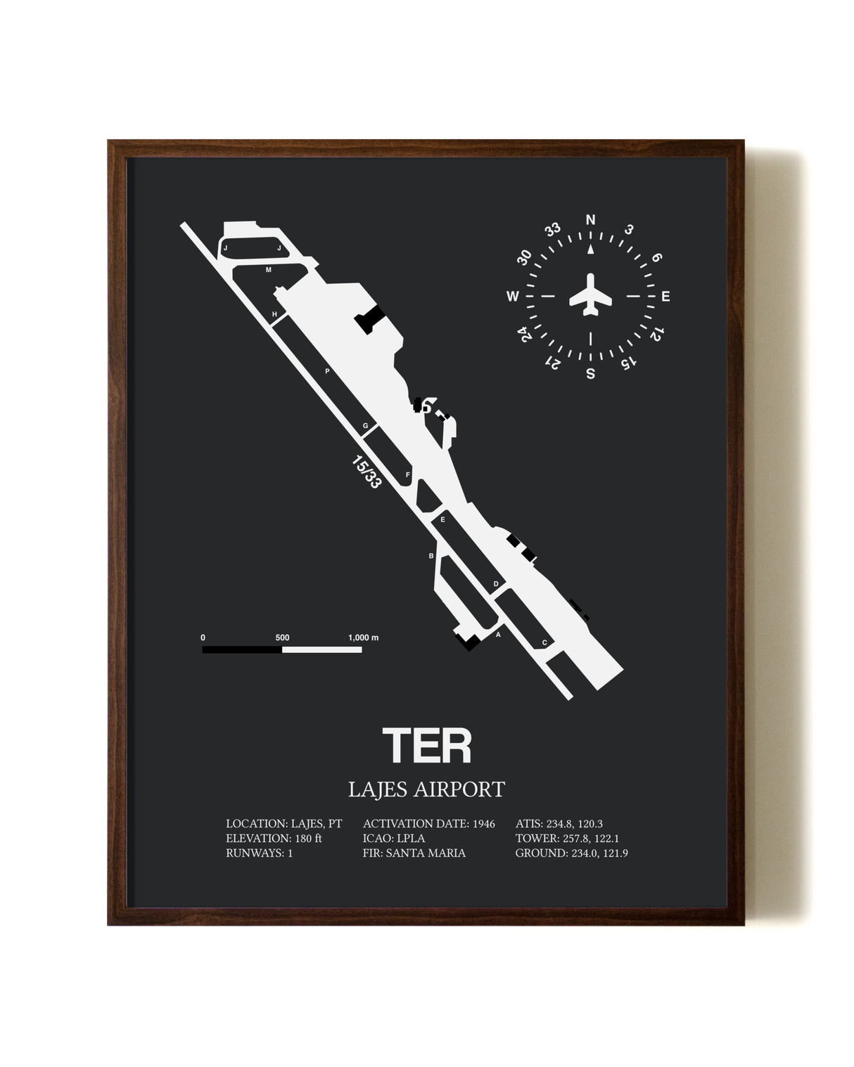 Lajes Airport aviation print in walnut frame