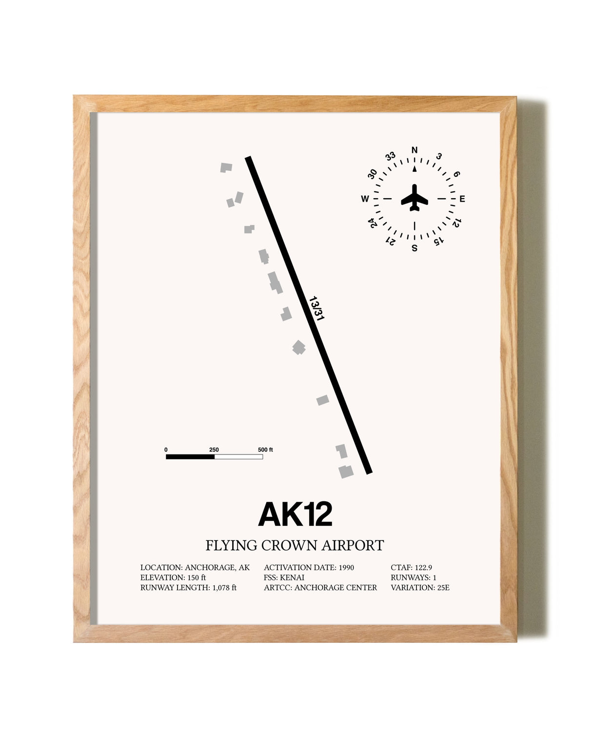 Flying Crown Airport framed print in natural wood frame