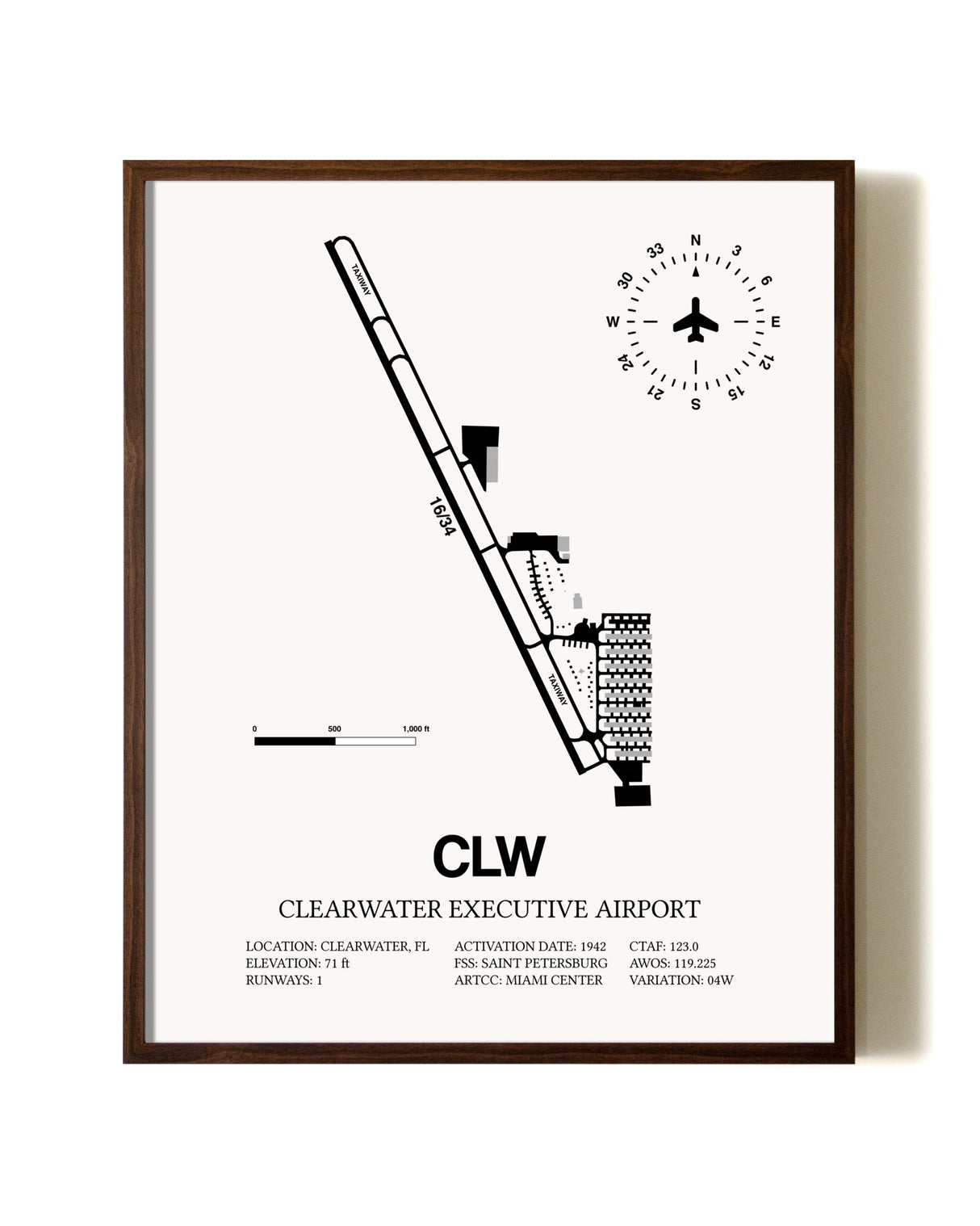 Clearwater Executive Airport aviation print in walnut frame