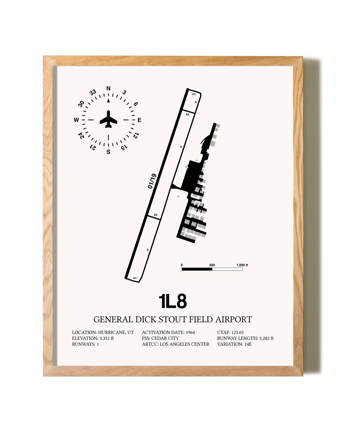 General Dick Stout Field Airport framed print in natural wood frame
