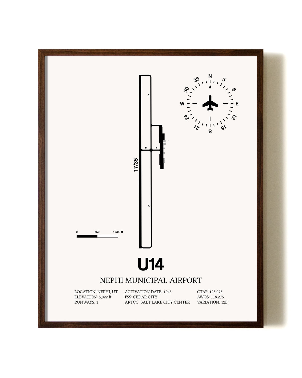 Nephi Municipal Airport aviation print in walnut frame