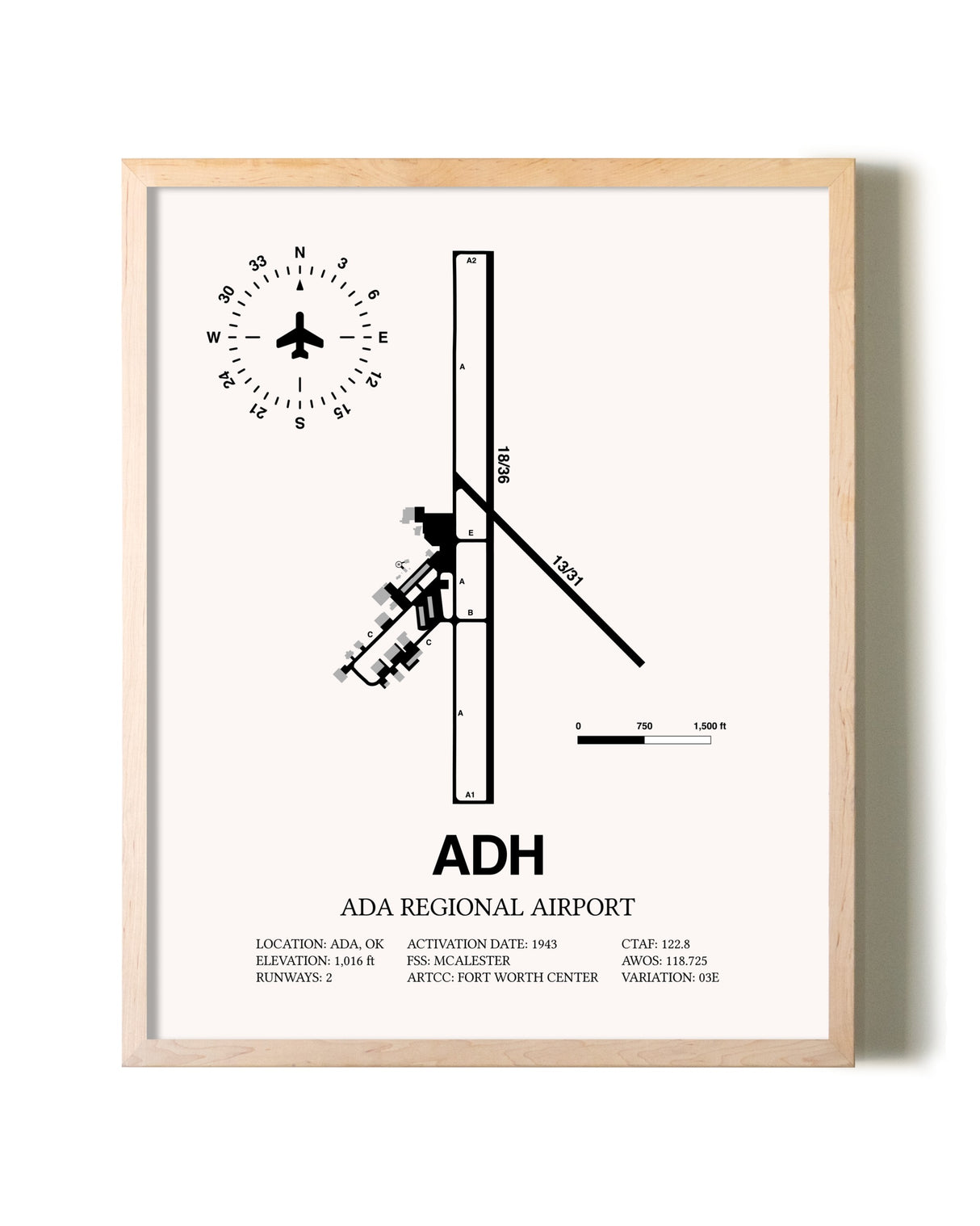 Ada Regional Airport framed wall art in white frame