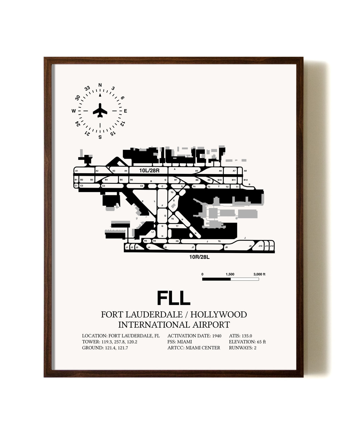 Fort Lauderdale / Hollywood International Airport aviation print in walnut frame