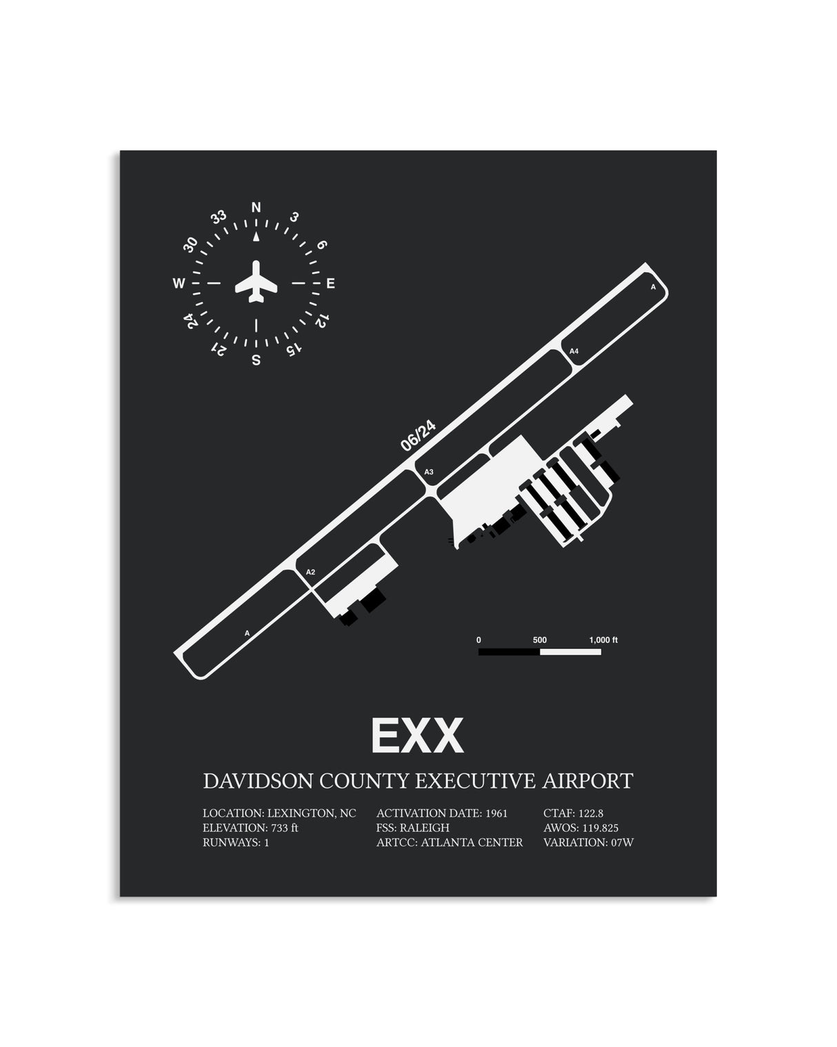 Gray Framed Davidson County Executive Airport layout wall art poster