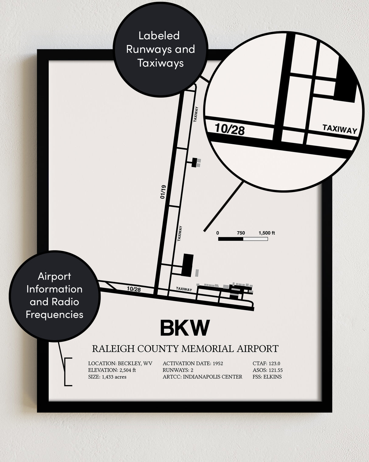 Framed Detailed Airport Map of Raleigh County Memorial Airport (BKW) in White with a Black Frame