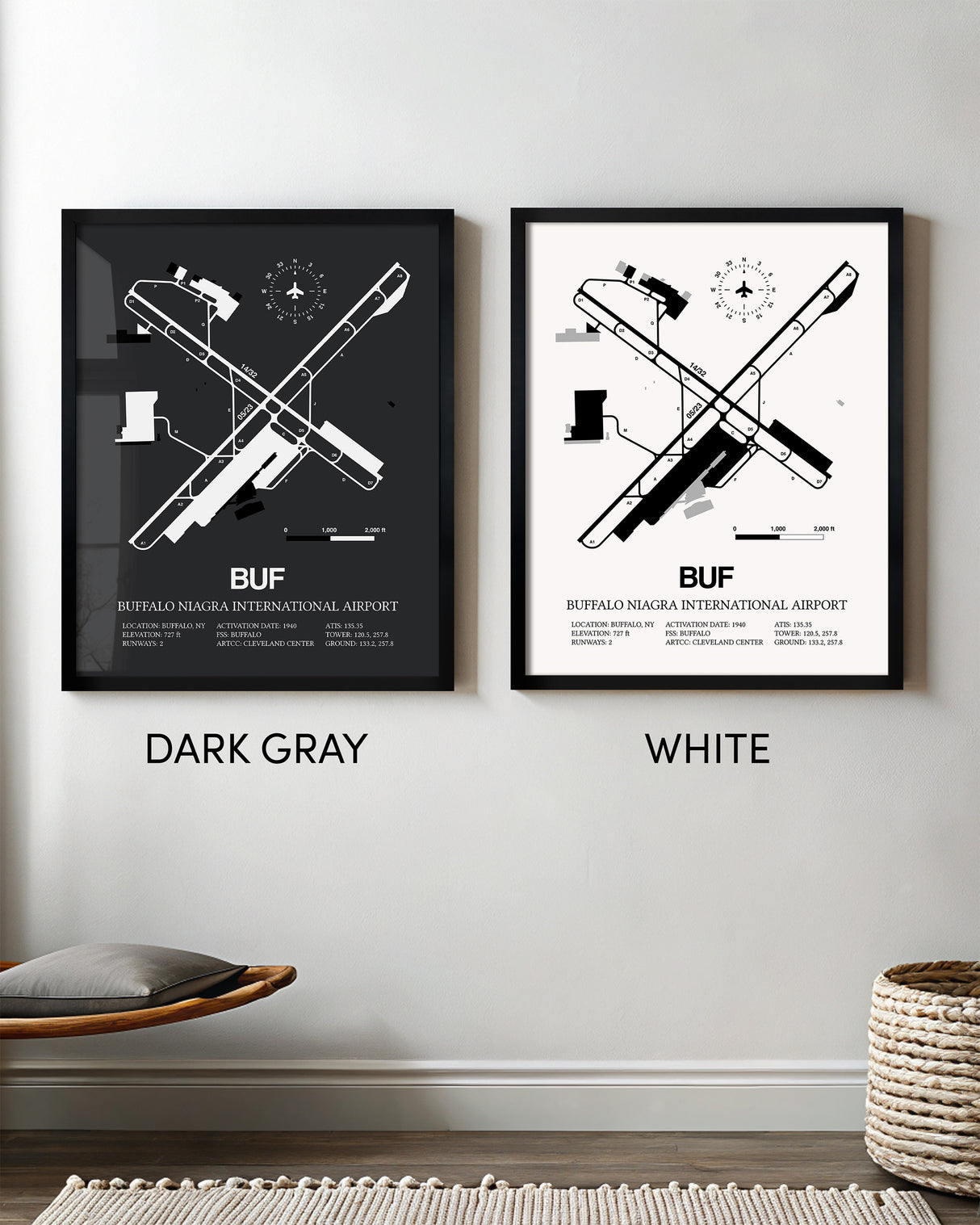 Framed Detailed Airport Map of Buffalo Niagara International Airport (BUF) in White and Gray