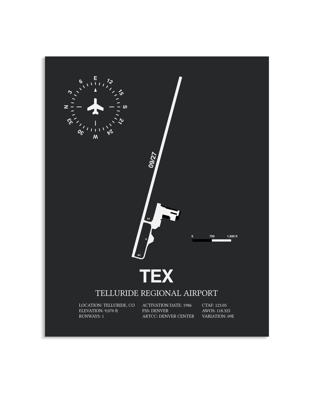 Gray Framed Telluride Regional Airport layout wall art poster
