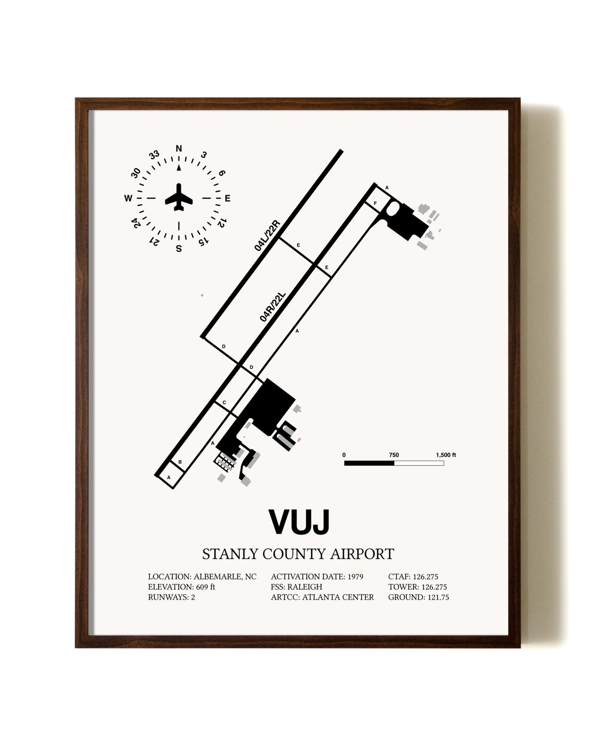 Stanly County Airport aviation print in walnut frame