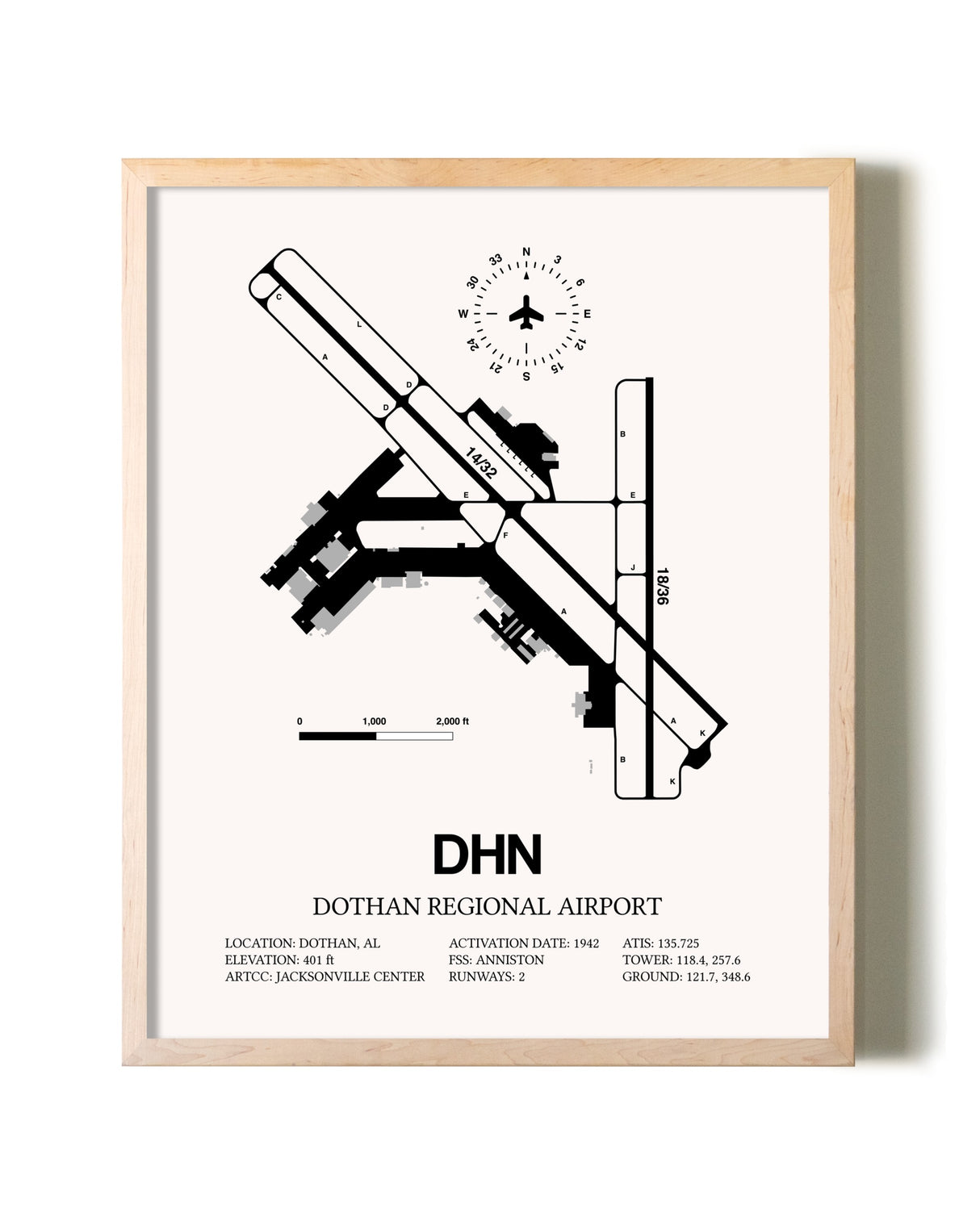 Dothan Regional Airport framed wall art in white frame