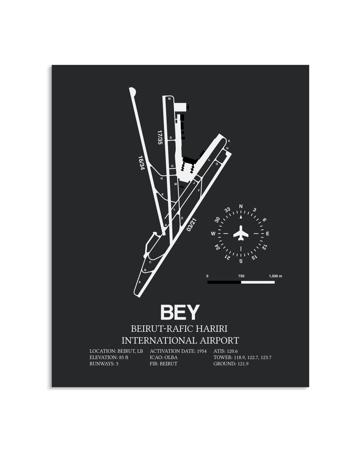Gray Framed Beirut-Rafic Hariri International Airport layout wall art poster