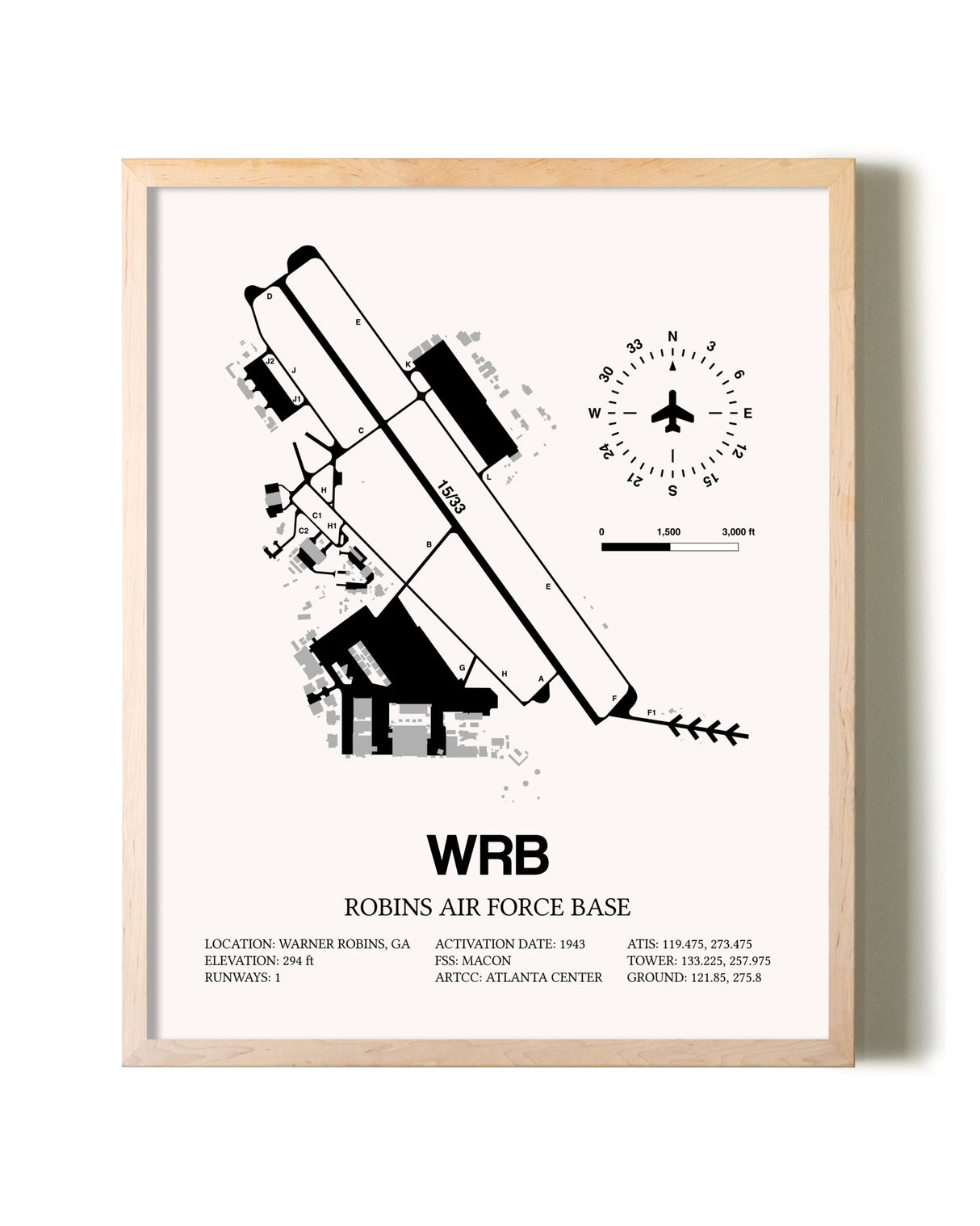 Robins Air Force Base framed wall art in white frame