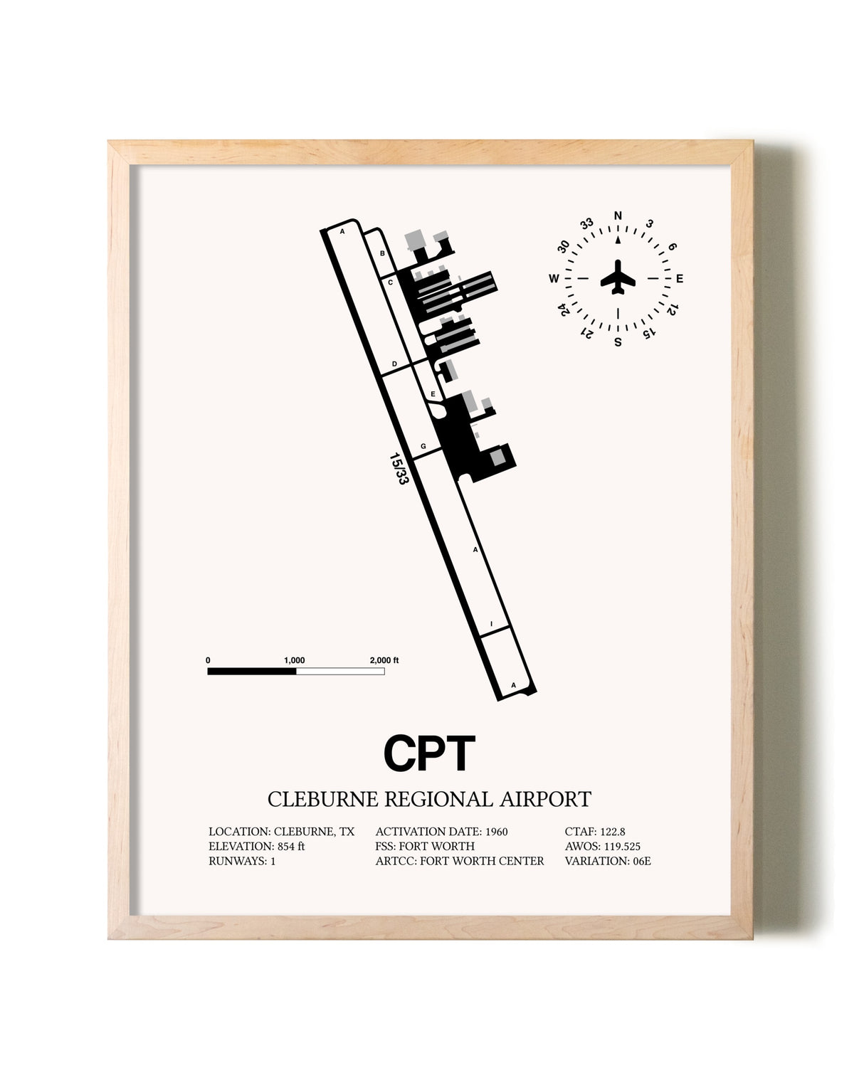 Cleburne Regional Airport framed wall art in white frame