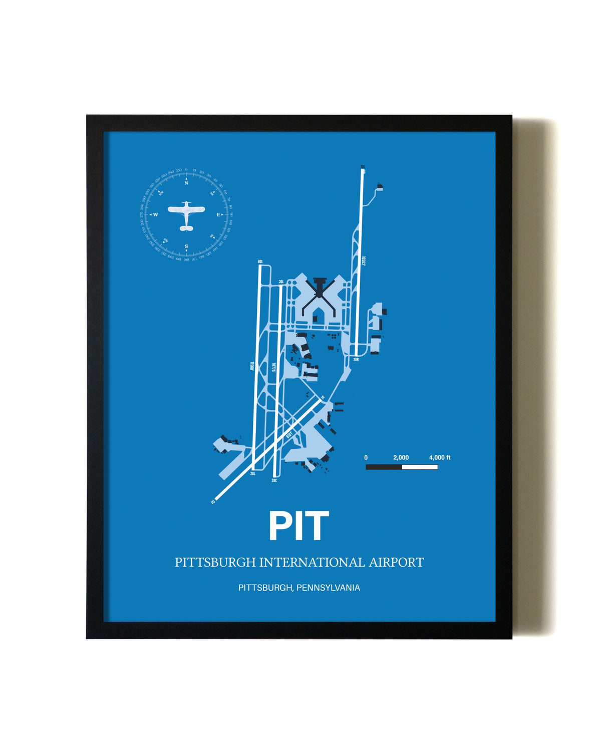 Sky Blue Pittsburgh International Airport aviation wall décor in black wood frame