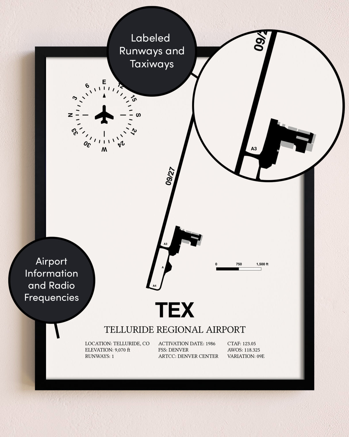 Framed Telluride Regional Airport layout wall art poster