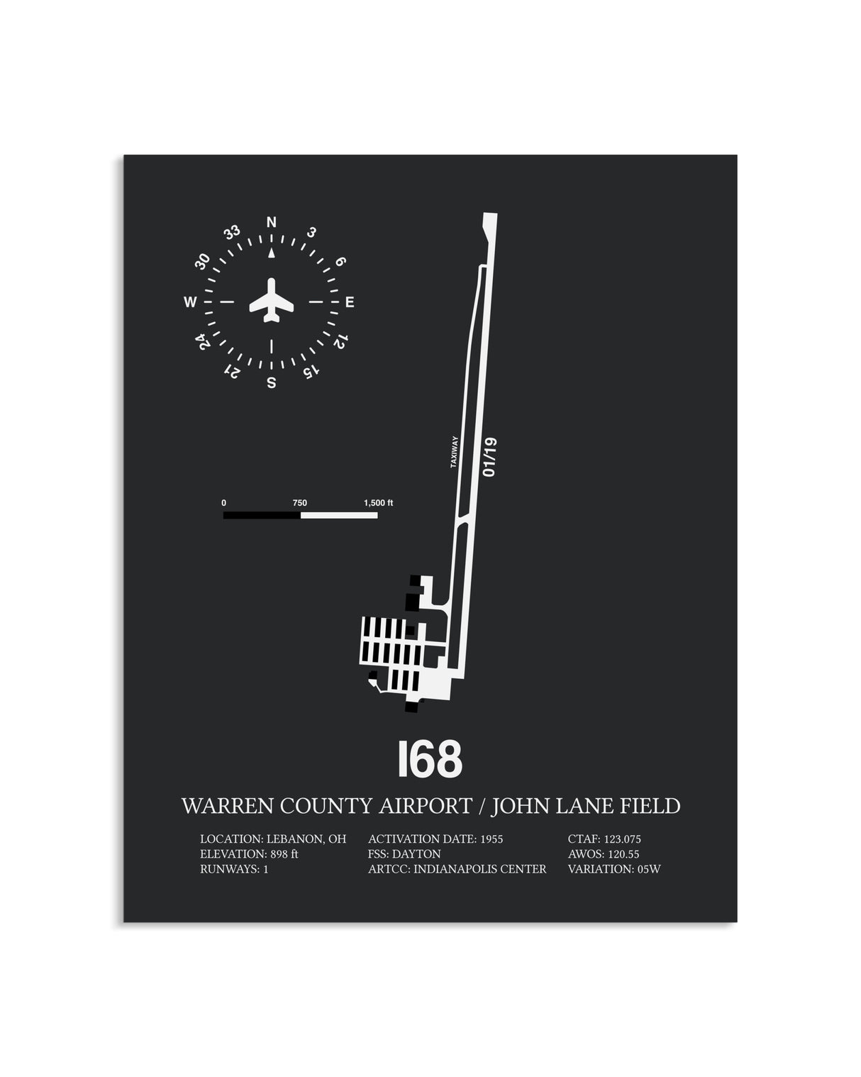 Gray Framed Warren County Airport / John Lane Field layout wall art poster