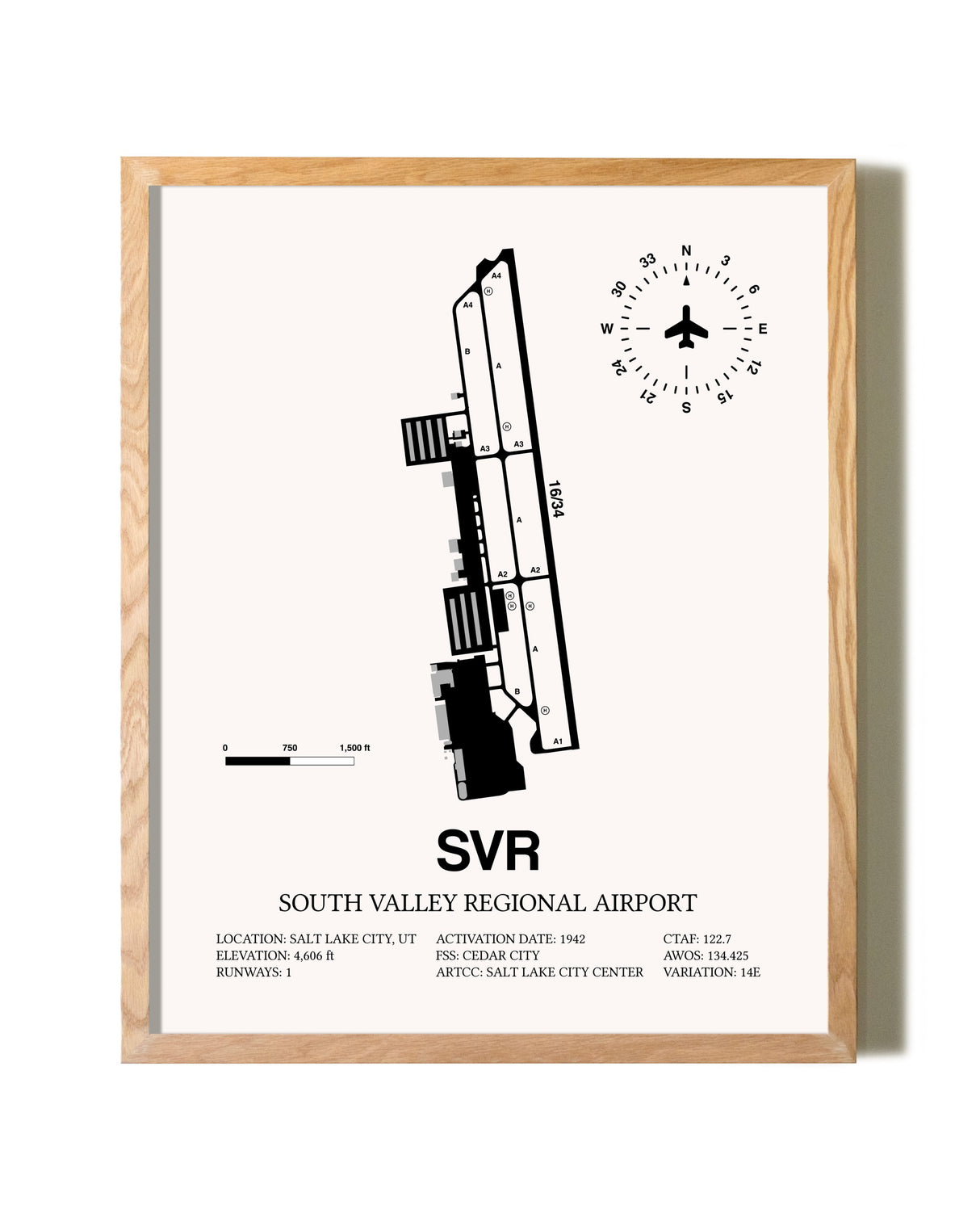 South Valley Regional Airport framed print in natural wood frame