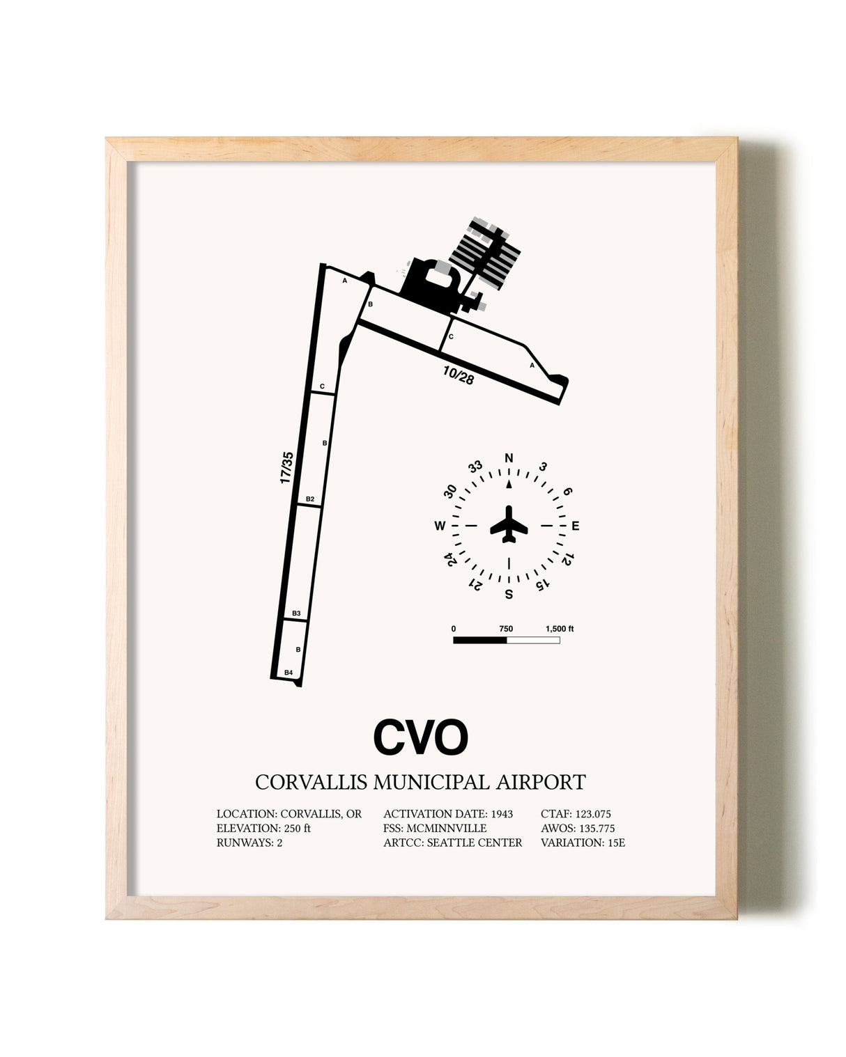 Corvallis Municipal Airport framed wall art in white frame