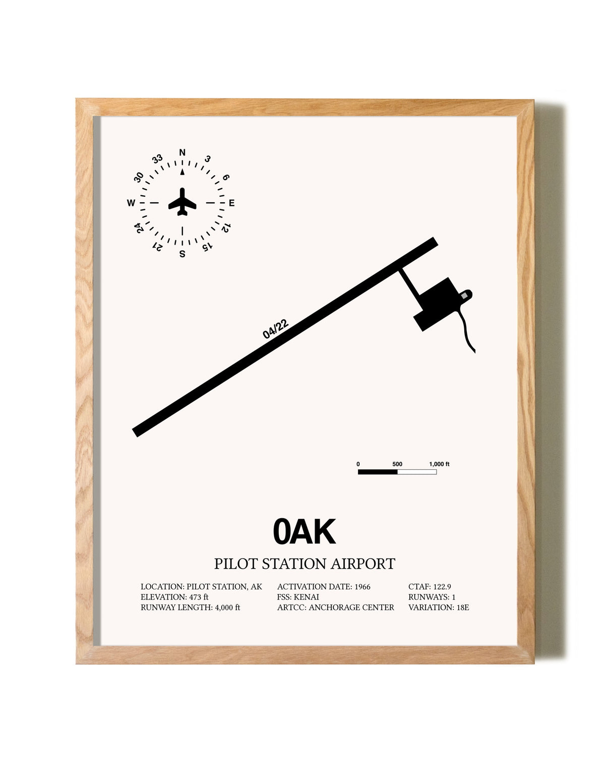 Pilot Station Airport framed print in natural wood frame