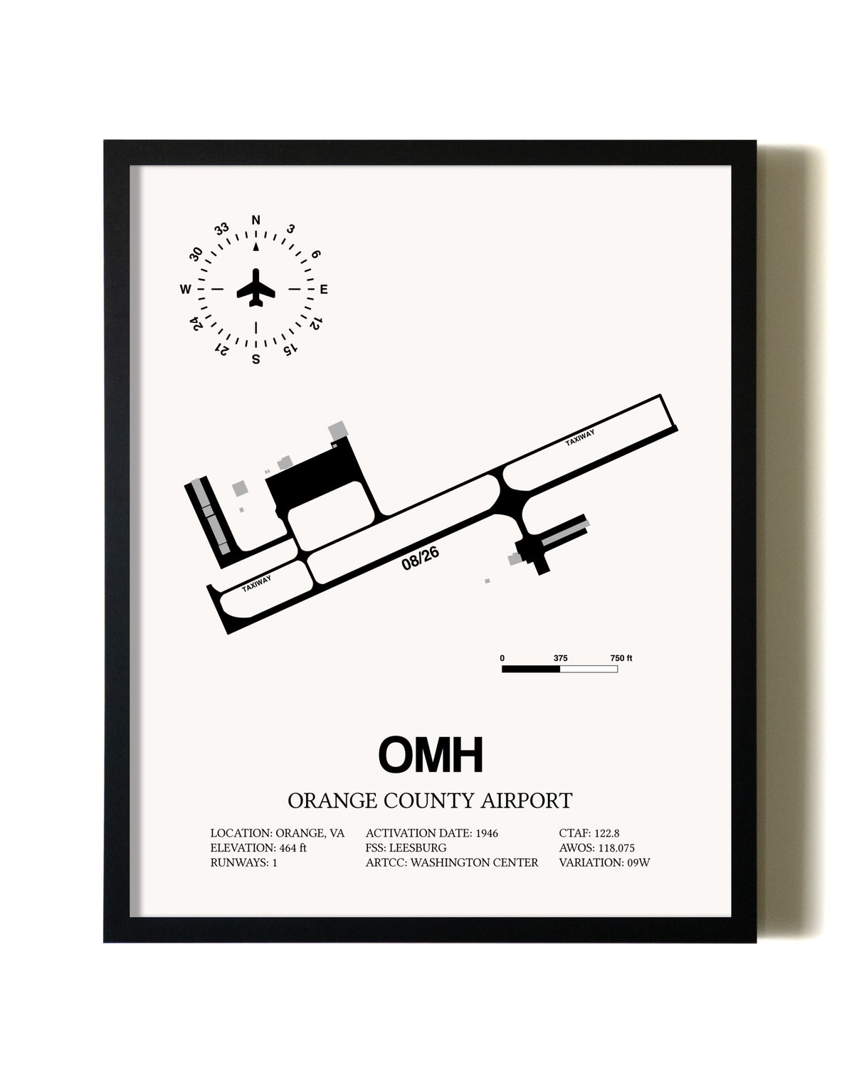 Framed Orange County Airport wall art poster in black frame