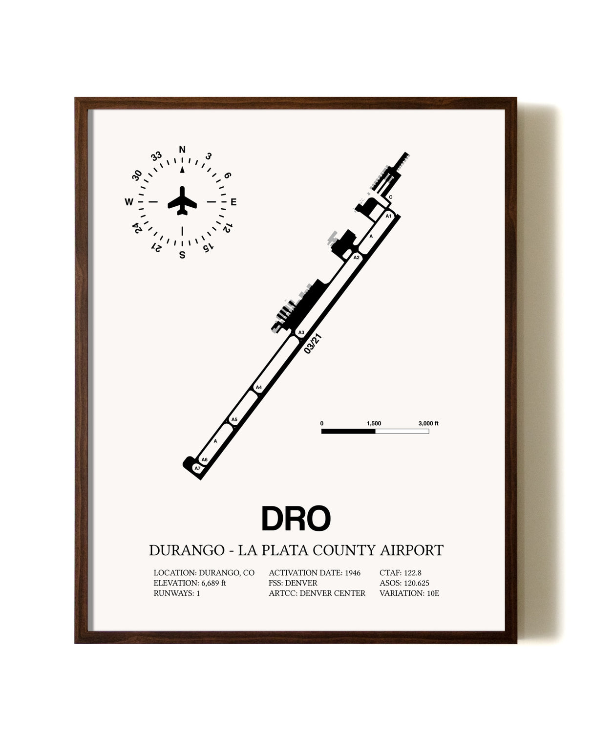 Durango-La Plata County Airport aviation print in walnut frame