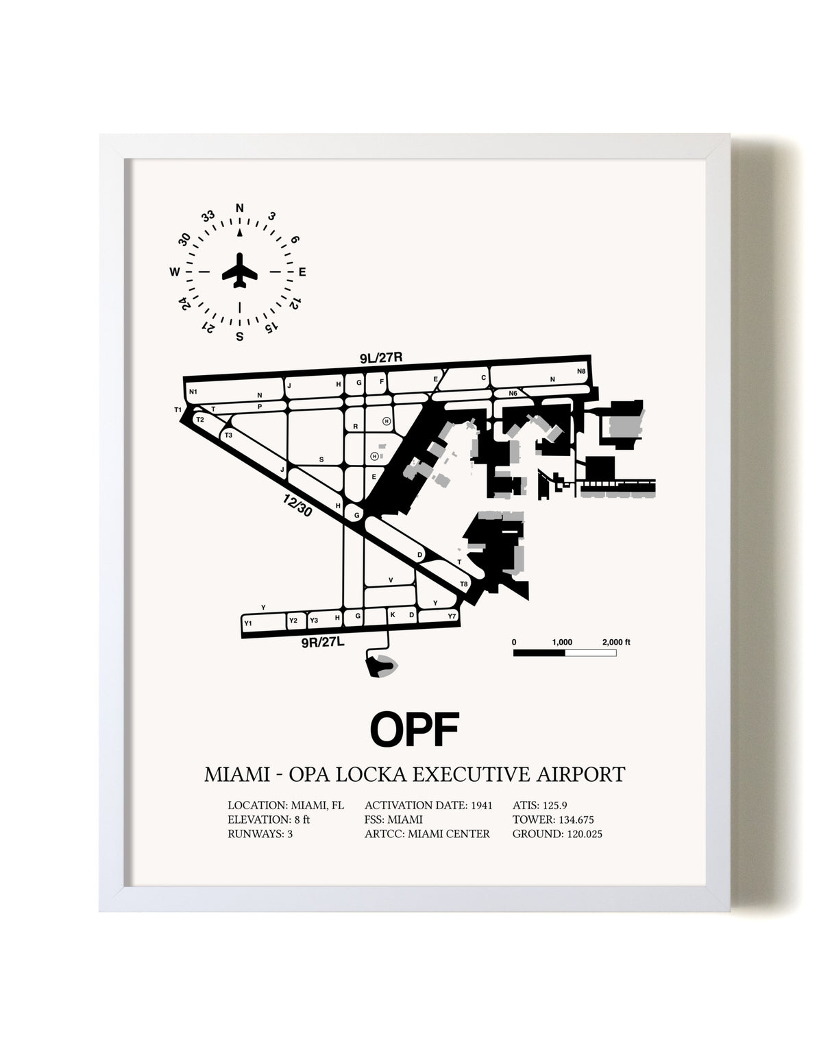 Miami-Opa Locka Executive Airport airport map poster in oak frame